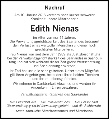 Todesanzeige von Edith Nienas von saarbruecker_zeitung
