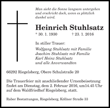 Todesanzeige von Heinrich Stuhlsatz von saarbruecker_zeitung
