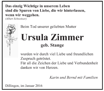 Todesanzeige von Ursula Zimmer von saarbruecker_zeitung