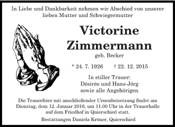Todesanzeige von Victorine Zimmermann von saarbruecker_zeitung