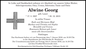 Todesanzeige von Alwine Georg von saarbruecker_zeitung