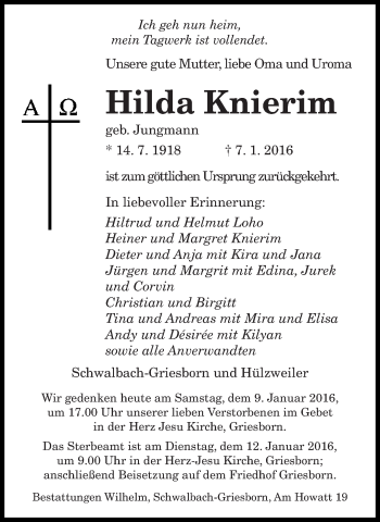 Todesanzeige von Hilda Knierim von saarbruecker_zeitung