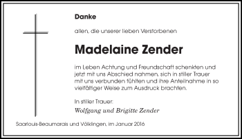 Todesanzeige von Madelaine Zender von saarbruecker_zeitung