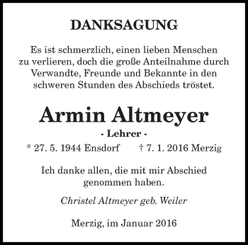 Todesanzeige von Armin Altmeyer von saarbruecker_zeitung