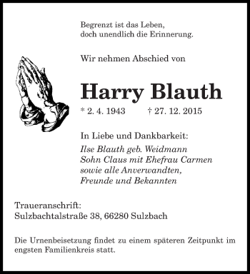 Todesanzeige von Harry Blauth von saarbruecker_zeitung