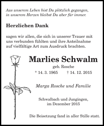 Todesanzeige von Marlies Schwalm von saarbruecker_zeitung