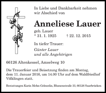 Todesanzeige von Anneliese Lauer von saarbruecker_zeitung