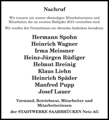 Todesanzeige von Nachruf  von saarbruecker_zeitung