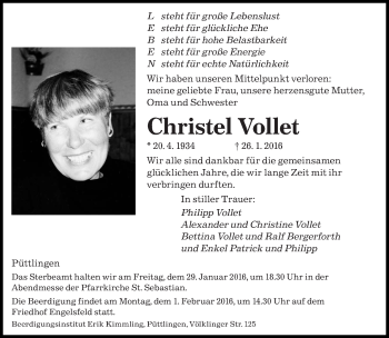 Todesanzeige von Christel Vollet von saarbruecker_zeitung