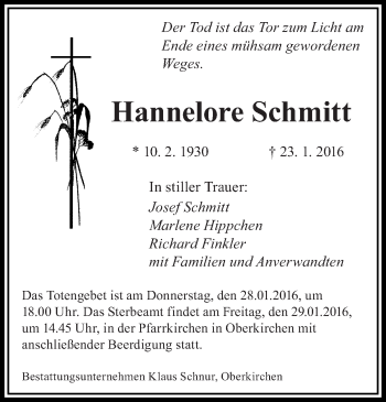 Todesanzeige von Hannelore Schmitt von saarbruecker_zeitung