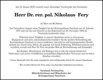 Todesanzeige von Nikolaus Fery von saarbruecker_zeitung