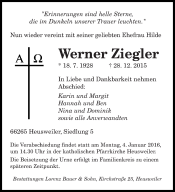 Todesanzeige von Werner Ziegler von saarbruecker_zeitung