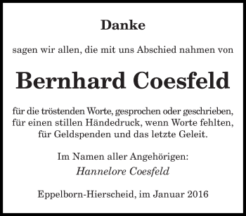 Todesanzeige von Bernhard Coesfeld von saarbruecker_zeitung