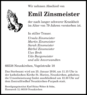 Todesanzeige von Emil Zinsmeister von saarbruecker_zeitung