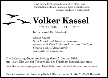 Todesanzeige von Volker Kassel von saarbruecker_zeitung
