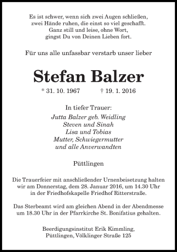 Todesanzeige von Stefan Balzer von saarbruecker_zeitung