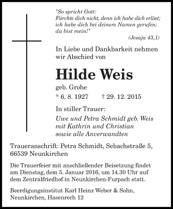Todesanzeige von Hilde Weis von saarbruecker_zeitung