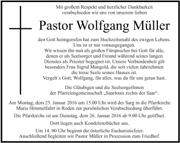 Todesanzeige von Wolfgang Müller von saarbruecker_zeitung