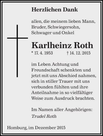Todesanzeige von Karlheinz Roth von saarbruecker_zeitung