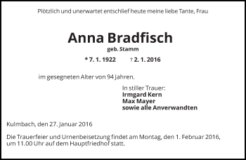 Todesanzeige von Anna Bradfisch von saarbruecker_zeitung