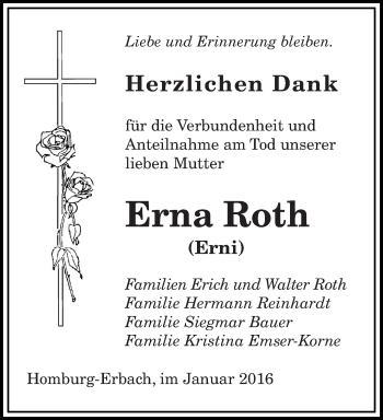 Todesanzeige von Erna Roth von saarbruecker_zeitung