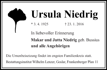 Todesanzeige von Ursula Niedrig von saarbruecker_zeitung