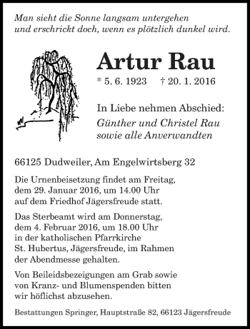 Todesanzeige von Artur Rau von saarbruecker_zeitung