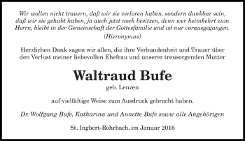 Todesanzeige von Waltraud Bufe von saarbruecker_zeitung