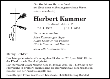 Todesanzeige von Herbert Kammer von saarbruecker_zeitung