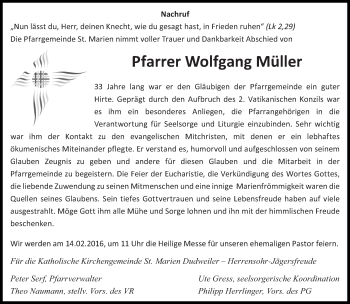 Todesanzeige von Wolfgang Müller von saarbruecker_zeitung