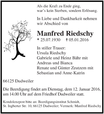 Todesanzeige von Manfred Riedschy von saarbruecker_zeitung