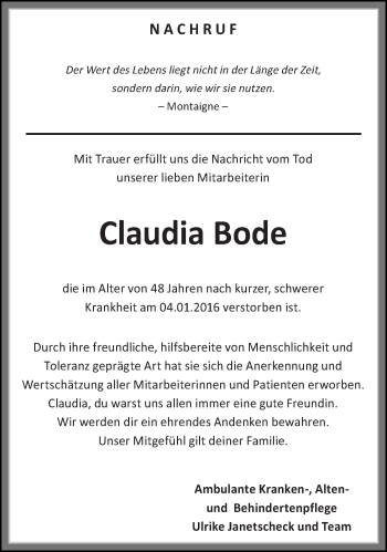 Todesanzeige von Claudia Bode von saarbruecker_zeitung