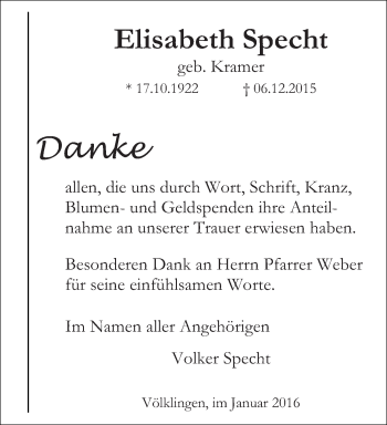 Todesanzeige von Elisabeth Specht von saarbruecker_zeitung