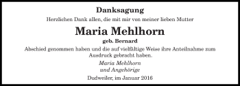 Todesanzeige von Maria Mehlhorn von saarbruecker_zeitung