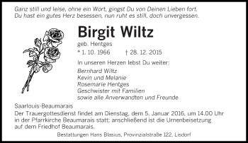 Todesanzeige von Birgit Wiltz von saarbruecker_zeitung