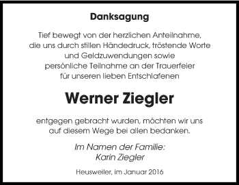 Todesanzeige von Werner Ziegler von saarbruecker_zeitung