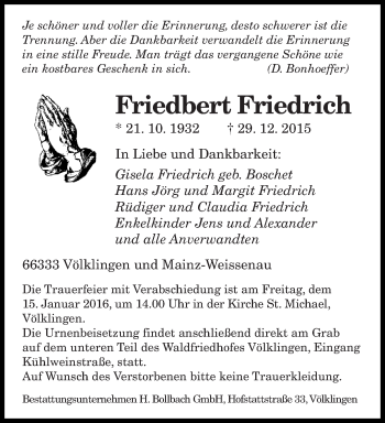 Todesanzeige von Friedbert Friedrich von saarbruecker_zeitung