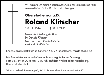 Todesanzeige von Roland Klitscher von saarbruecker_zeitung