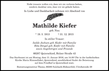 Todesanzeige von Mathilde Kiefer von saarbruecker_zeitung