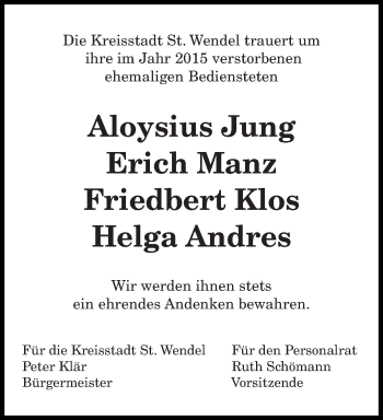 Todesanzeige von Kreisstadt St.Wendel trauert um von saarbruecker_zeitung