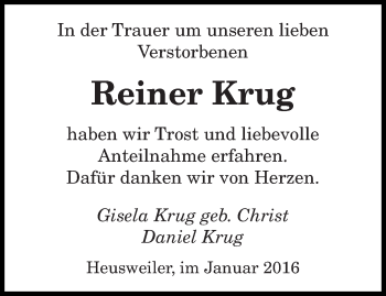 Todesanzeige von Reiner Krug von saarbruecker_zeitung