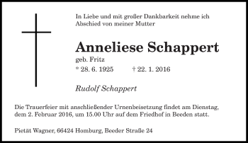 Todesanzeige von Anneliese Schappert von saarbruecker_zeitung