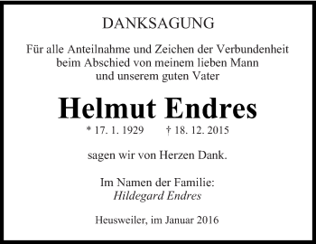 Todesanzeige von Helmut Endres von saarbruecker_zeitung