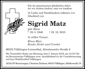 Todesanzeige von Sigrid Matz von saarbruecker_zeitung