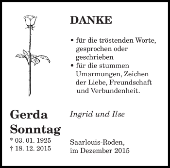 Todesanzeige von Gerda Sonntag von saarbruecker_zeitung