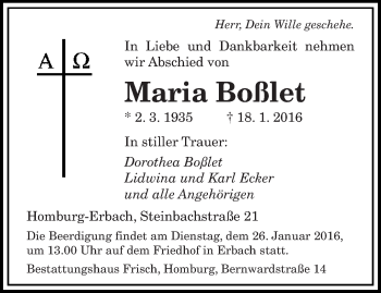 Todesanzeige von Maria Boßlet von saarbruecker_zeitung