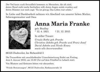 Todesanzeige von Anna Maria Franke von saarbruecker_zeitung
