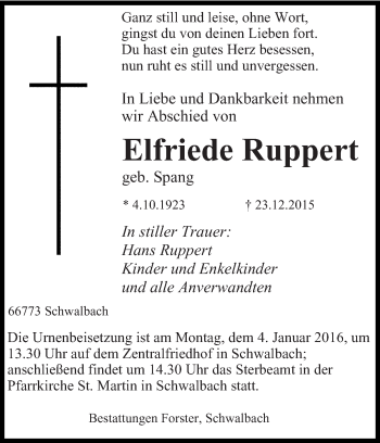 Todesanzeige von Elfriede Ruppert von saarbruecker_zeitung
