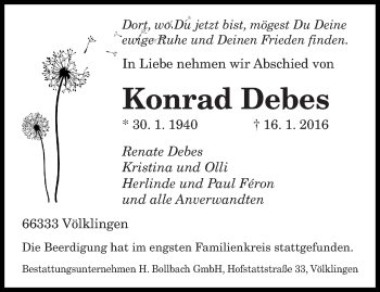 Todesanzeige von Konrad Debes von saarbruecker_zeitung