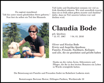 Todesanzeige von Claudia Bode von saarbruecker_zeitung